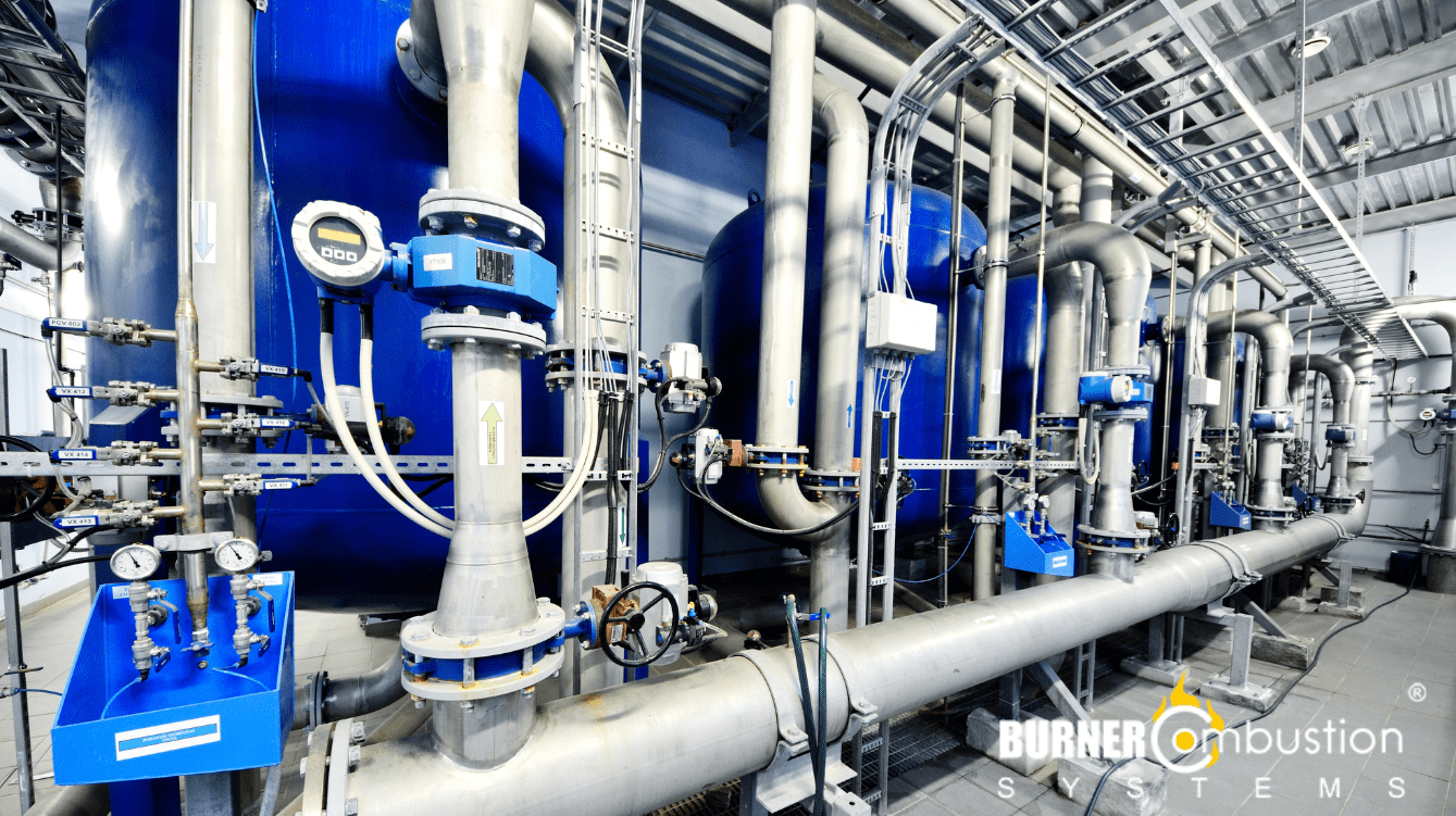 boiler system, gray pipes, blue tanks