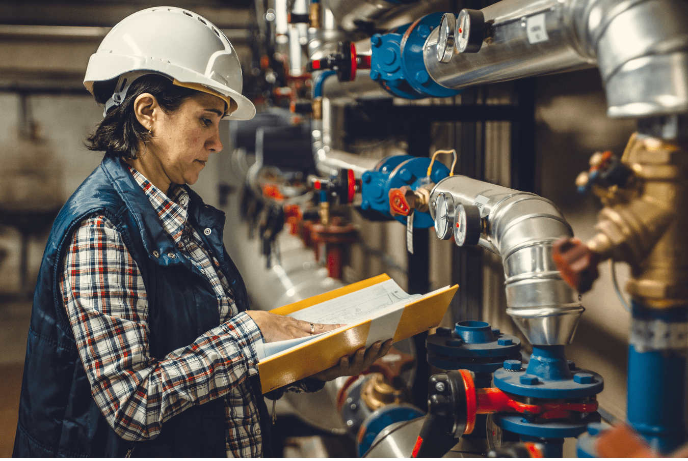 woman inspecting boiler equipment, spec book in hands